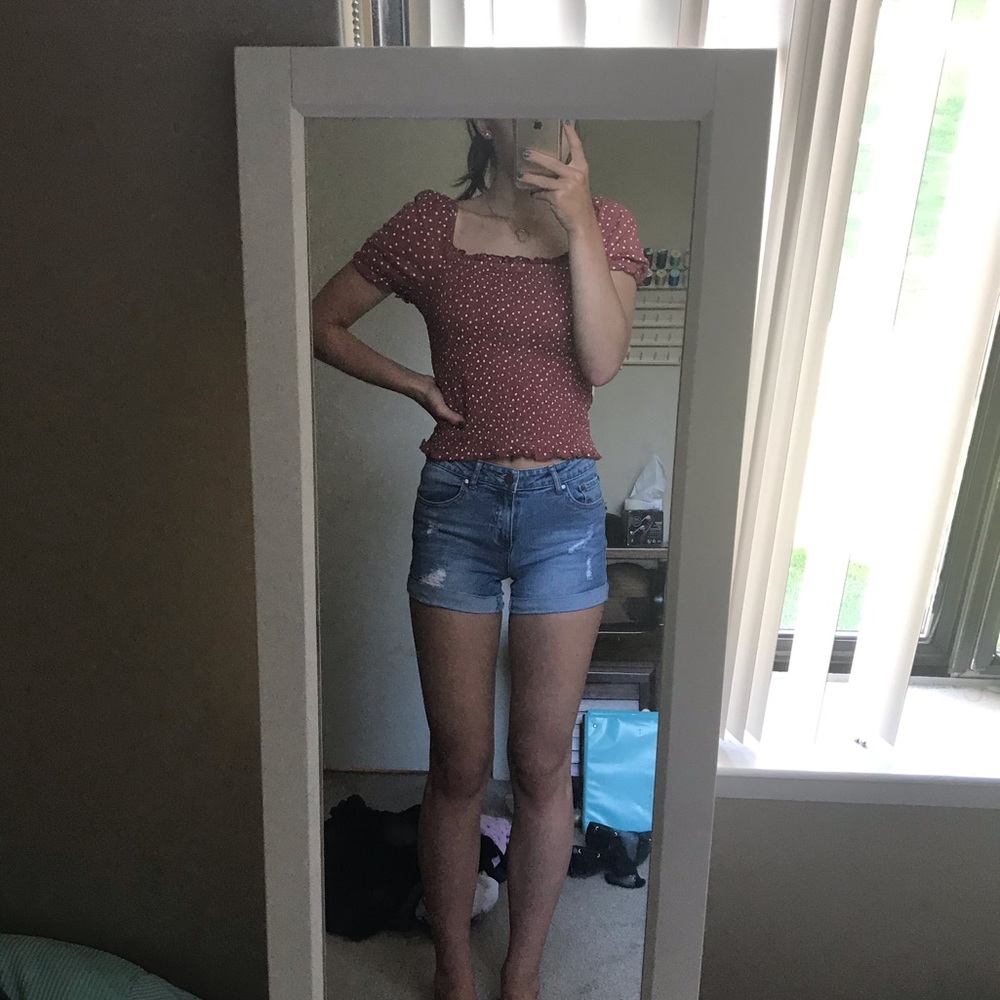 NWT American Eagle Red Puff Sleeve Smocked Top